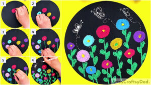 Crayon Flower Garden On Black Base Drawing