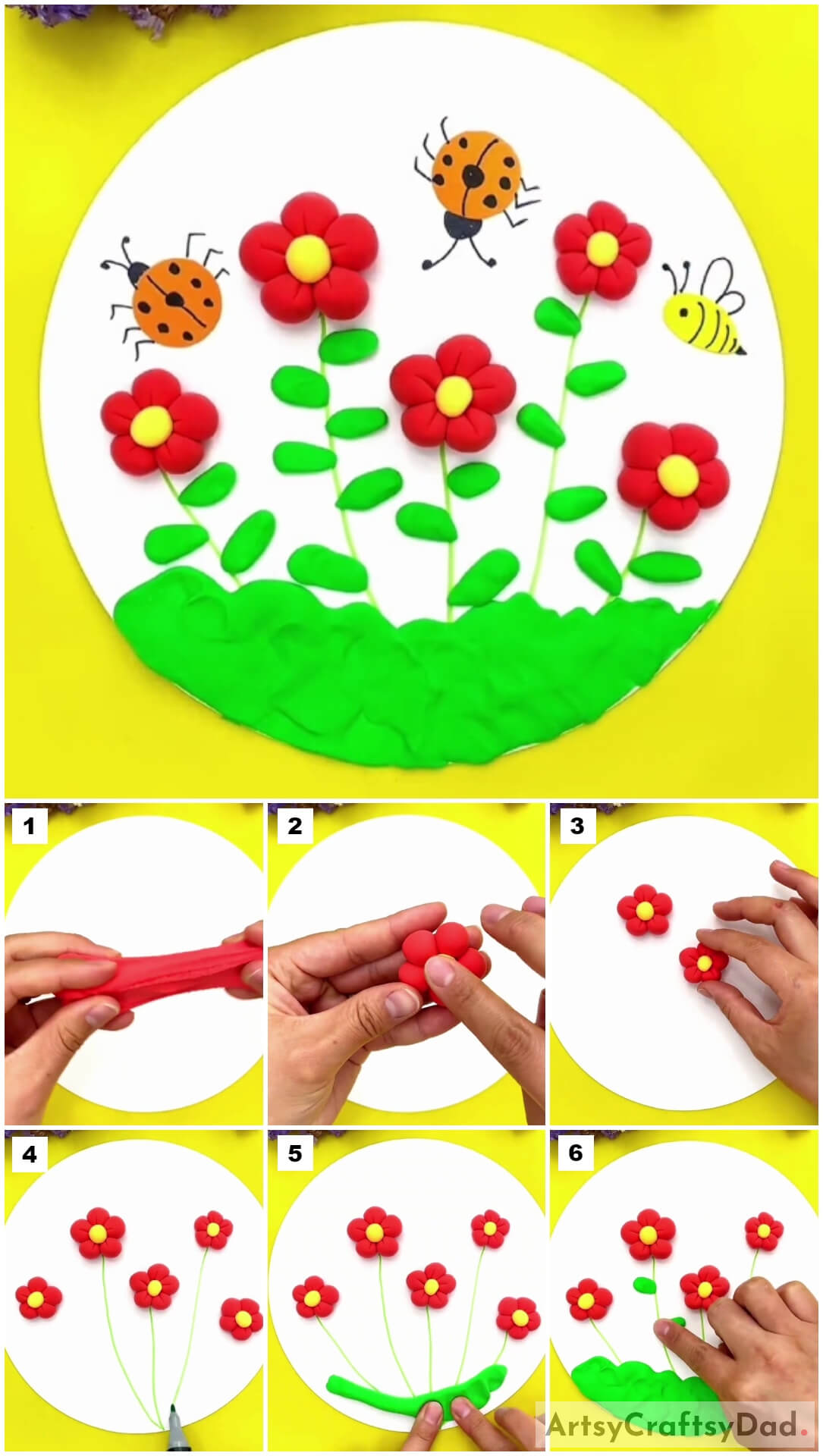 Red Flower Garden With Bees Clay Craft Idea