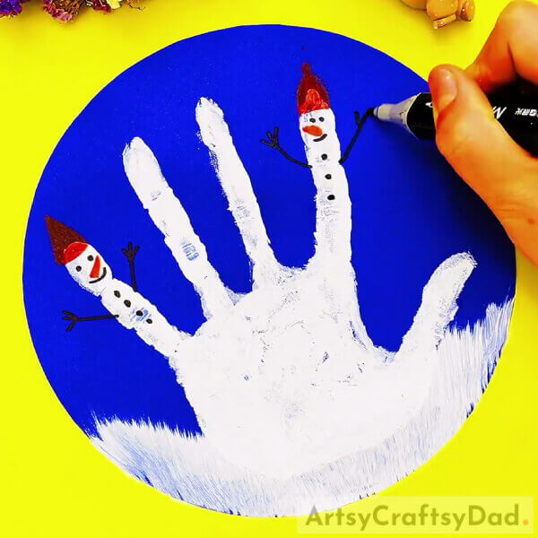 Add Dancing Hands To The Snowman Body- A Kids' Tutorial on Making a Handprint Snowman