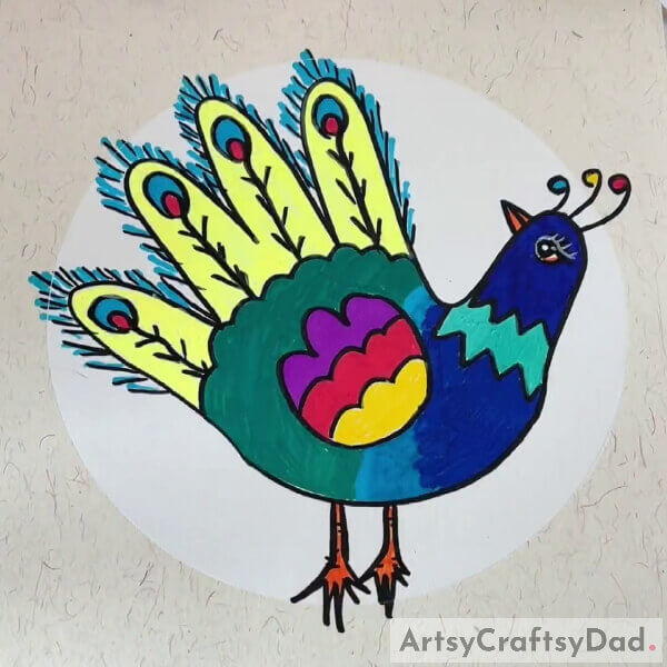 Coloring our peacock with the use of colorful markers- Creating a Peacock Image with Your Palm Outline