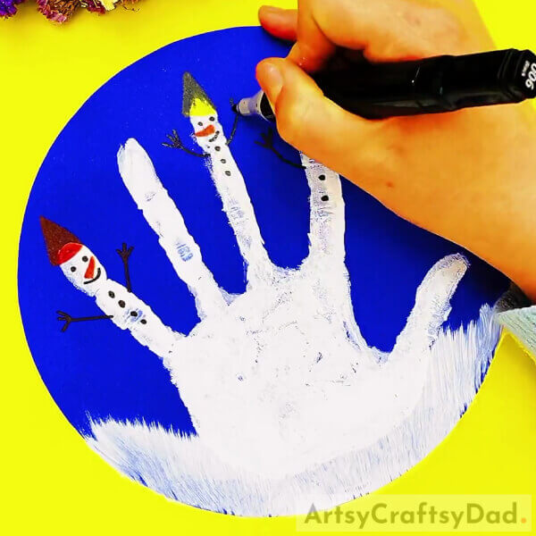 Create Another Dancing Snowman On Another Finger- How to Make a Snowman Out of Handprints