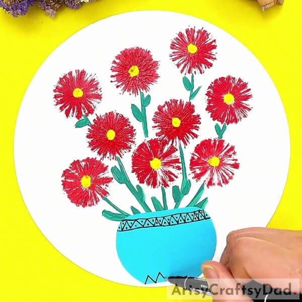 Decorating The Plant Pot- How to craft a stamp painting of red vector flowers - a tutorial for kids.