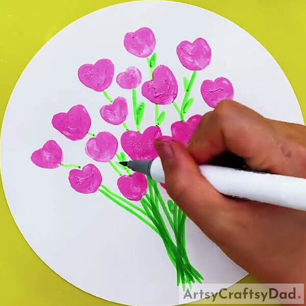 Draw Leaves - Guide to creating Fingerprint Art with a Heart Flowers Bouquet