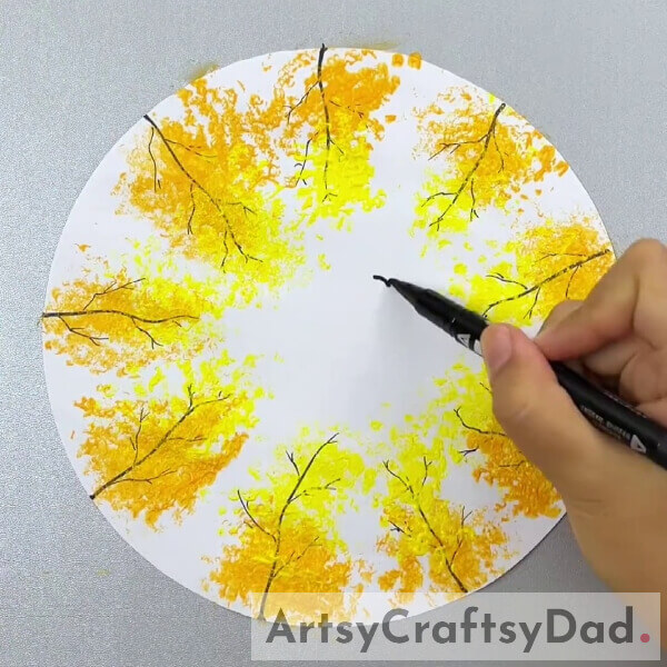 Drawing Leaves With Foam Net And Yellow Color Paint- Autumnal Trees: Crafting a Fruit-Foam Hack Art Technique