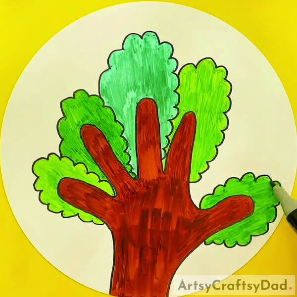 Keep coloring the greens - A Tutorial for Kids to Learn to Draw Trees with Hand Outlines 
