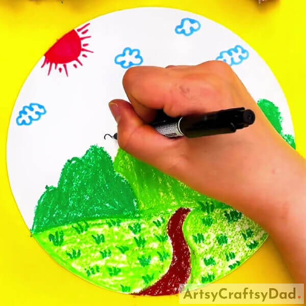 Making Clouds And Birds In The Sky - Manual for Drawing a Mountain Scenery with a Hand Outline