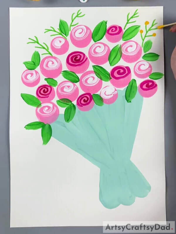 Making Grassy Leaves- Helping Kids Create a Rose Bouquet Stamp Painting