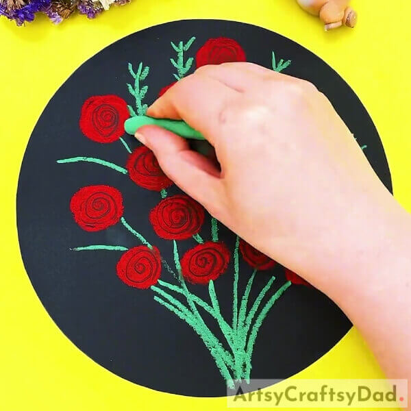 Making Leaves In The Bouquet- A Tutorial for Making a Rose Bouquet Drawing with Oil Pastels