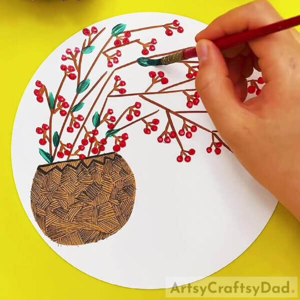 Making Leaves Of The Plant- This tutorial will teach you how to paint a pot with cherry flowers.