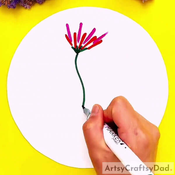 Making The Stem Of The Flower - A Guide on How to Draw Wildflowers with a Sketch Pen for Kids 
