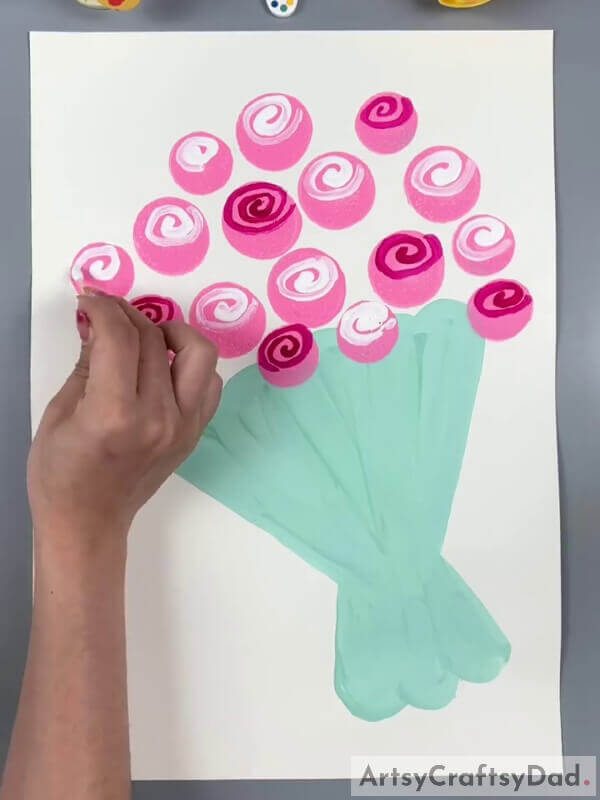Making White Spirals- Step-by-Step Instruction for Kids on Making a Rose Bouquet Stamp Artwork
