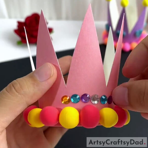 Pasting Color Stones Around Crown For Decoration- Tutorial for Novices on How to Make a Paper Cup and Clay Crowns