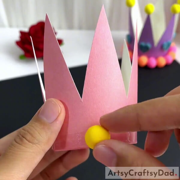 Pasting Red And Yellow Color Clay Around Crown - Tutorial for Newbies on Crafting Paper Cup and Clay Crowns 