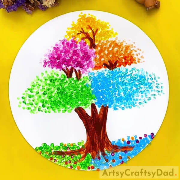 This Is The Final Look Of Your Colorful Tree Painting! - Earbuds are an effective tool for producing colorful tree artwork for kids.