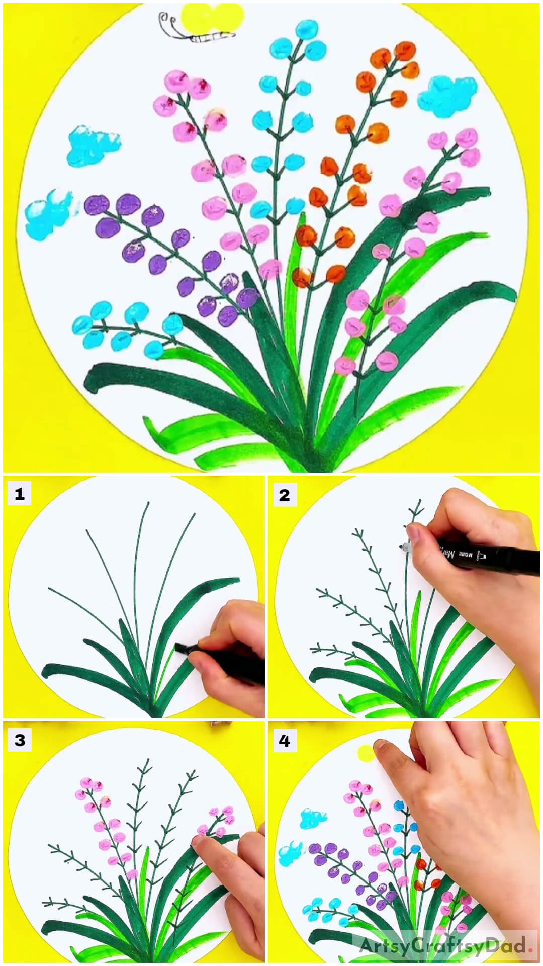 Colorful Flowers Drawing & Finger Painting Tutorial