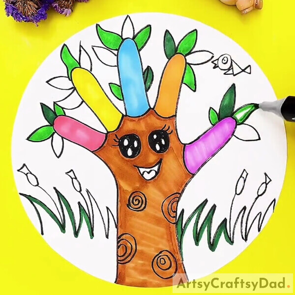 Coloring The Leaves- A hand outline-based lesson for newcomers on how to draw an attractive tree. 