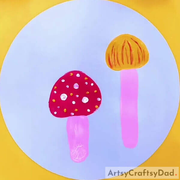 Completing Deatiling The Pink Mushroom- Teaching children the art of making a Mushroom Garden scene with stamps.