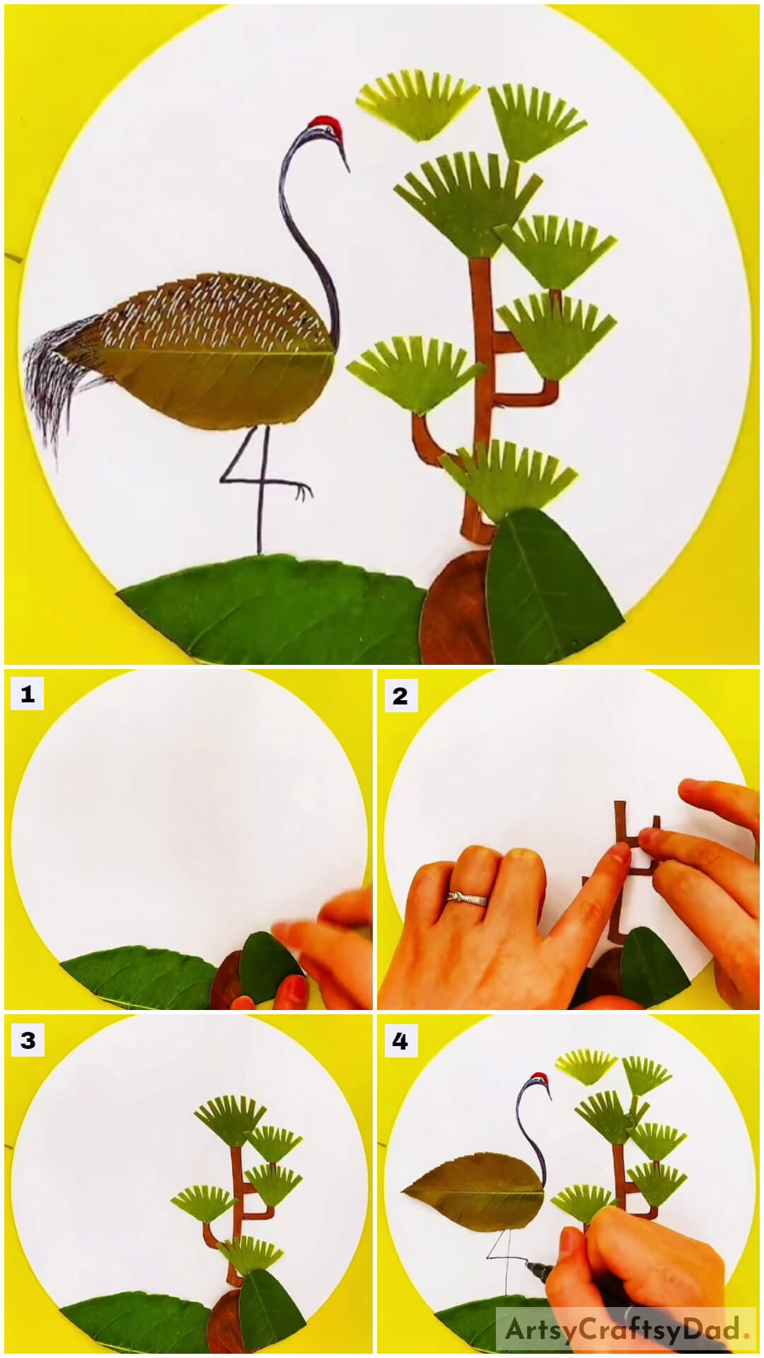 Crane Bird Landscape: Leaf Craft Tutorial