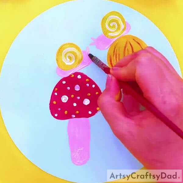 Detailing The Snails- Learn the skills to make a Mushroom Garden image with stamps, for kids.