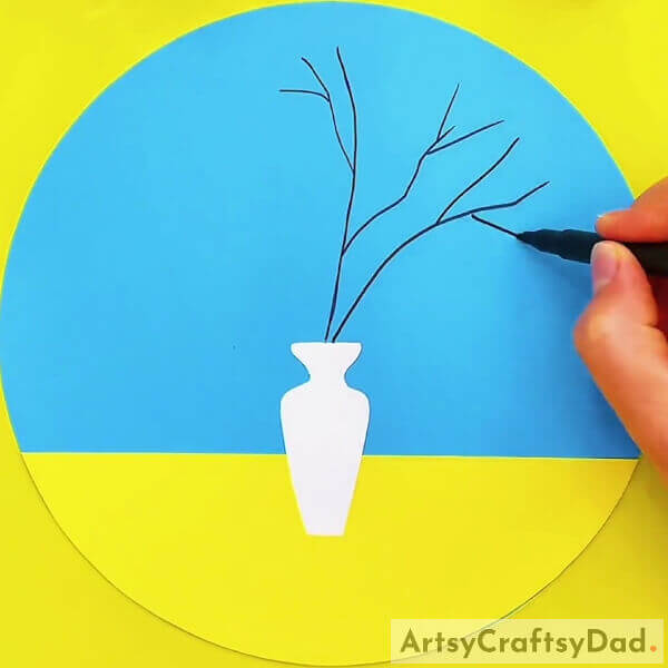 Drawing Cherry Tree Branches Using Black Pen- Step-by-Step Guide for a White Cherry Blossom Vase