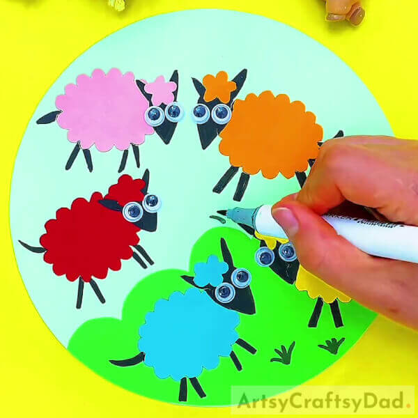 Drawing Few Grasses Around Our Sheep-Learn How to Create a Scene of Vibrant Sheep on Paper