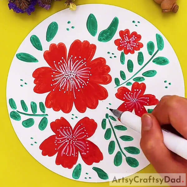 Drawing More Leaves Around Our Poppy Flowers- A manual for kids to make a red poppy flower sketch