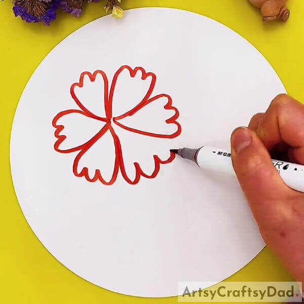 Drawing Poppy Flower Petals Using Red Color Marker- Step-by-step instructions for kids to draw a red poppy flower