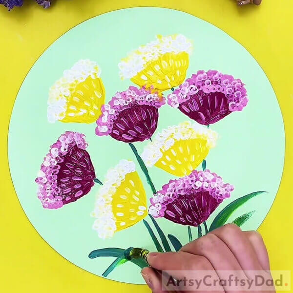 Drawing Some More Leaves - Cute Yellow And Purple Flowers Bunch Painting For Beginners