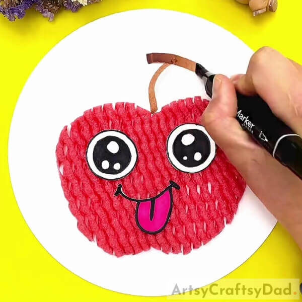 Drawing The Stem Of The Apple-Simple Apple Fun Craft Using Fruit Foam Net For Kindergartners