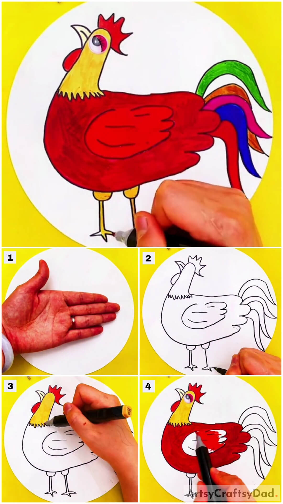 Hand Outline Chicken Rooster Drawing Tutorial For Kids