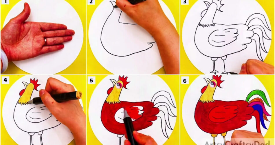 Hand Outline Chicken Rooster Drawing Tutorial For Kids