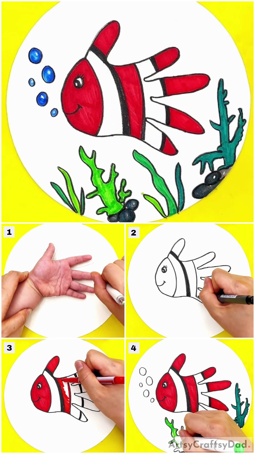 Hand Outline Clownfish Drawing Tutorial For Kids