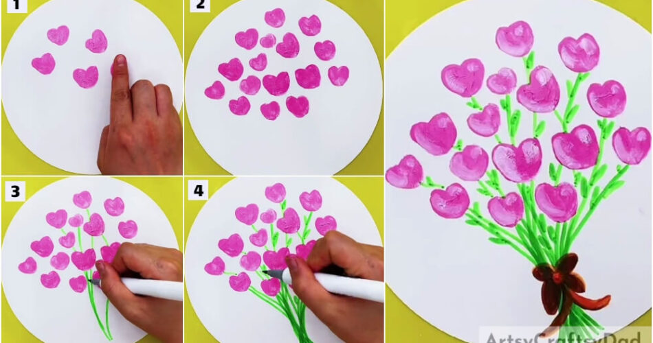 Heart Flowers Bouquet: Finger Impression Art Tutorial