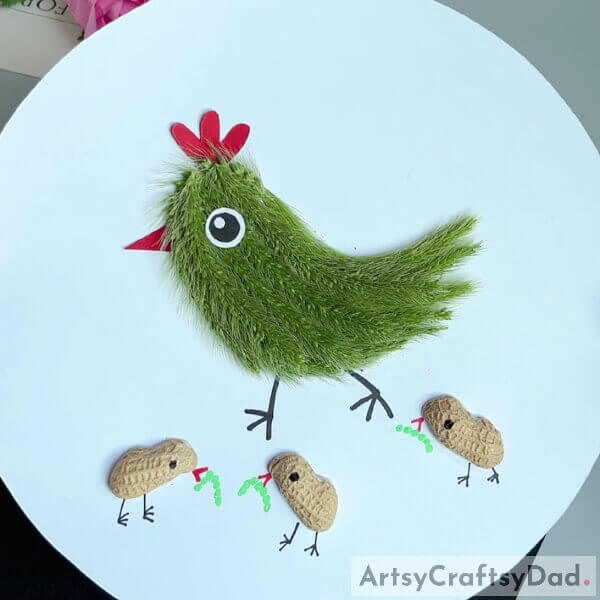 Hen With Chicks: Artificial Grass And Peanut Shell Craft Step-by-step Tutorial - For Kids- Here's how to craft a hen with chicks from artificial grass and peanut shells