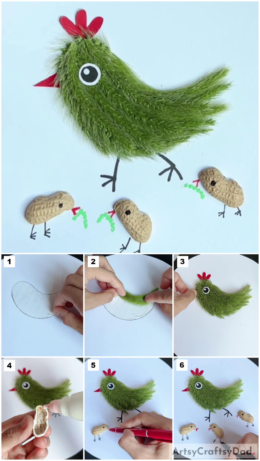 Hen With Chicks: Artificial Grass & Peanut Shell Craft Tutorial
