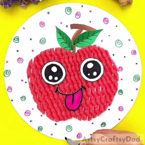 Making Colored Dots On The Base-Beautiful Apple Fun Craft Using Fruit Foam Net For Kindergartners