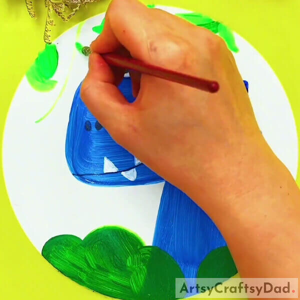 Making Leaves And Wavy Stems- Instructions For Kids On How To Design A Cute Dinosaur Stamp Painting