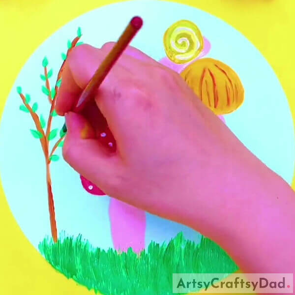 Making Leaves On The Plant- Showing kids the way to make a Mushroom Garden image with stamps.