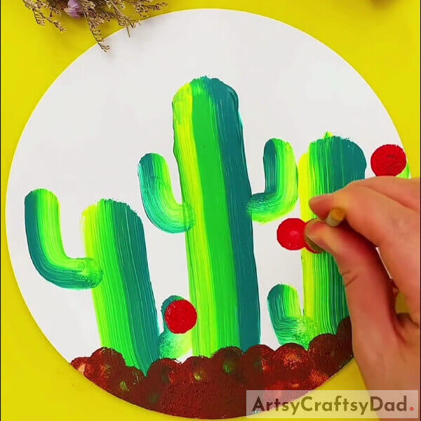Making Red Flowers On The Cactus- Guide to making a shaded cactus stamp painting
