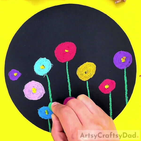 Making The Stems Of The Flowers- A Rendering of a Crayon Flower Garden on a Black Base