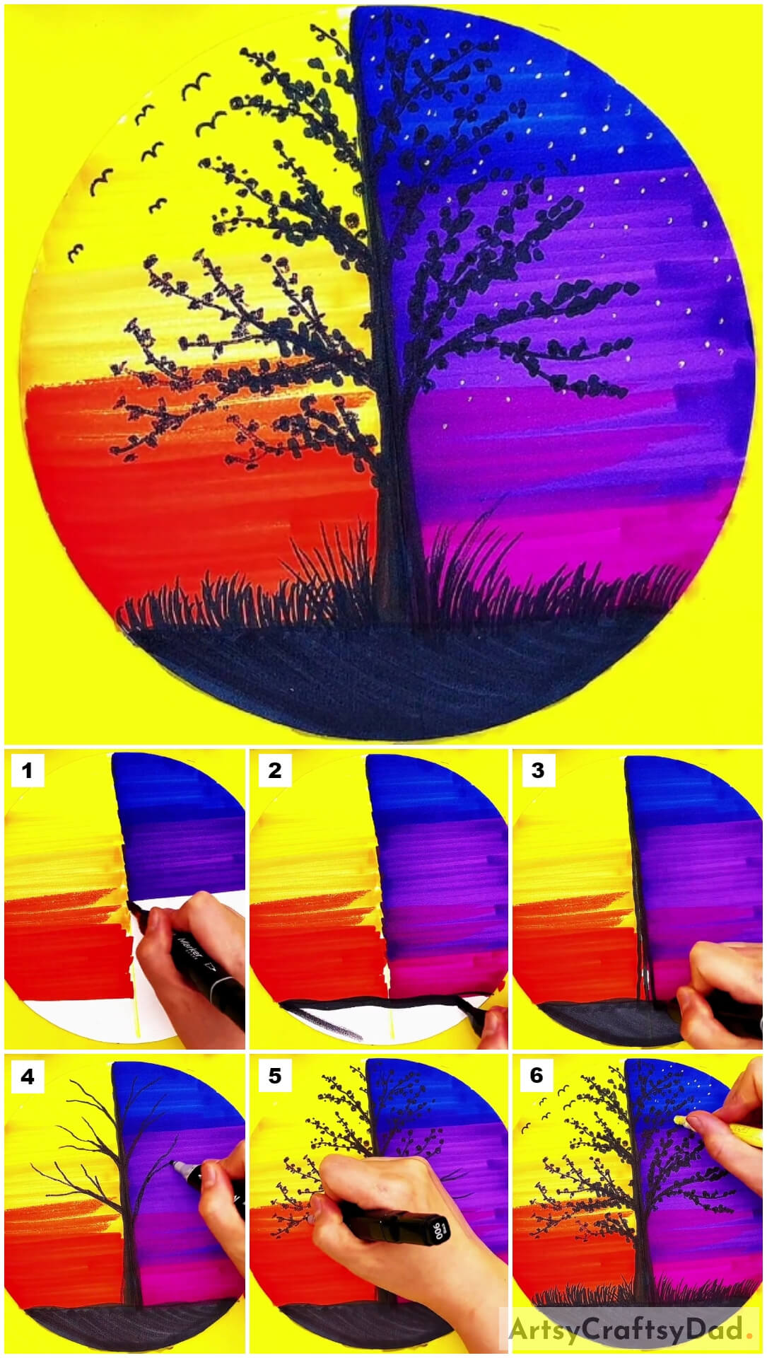Night And Day Tree Scenery Drawing Tutorial