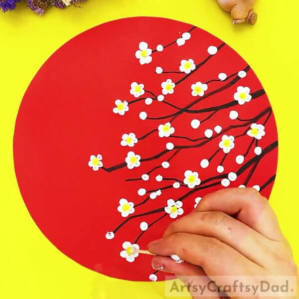 Putting Yellow Dots For Pollen- How To Paint a Pretty Rose Vase: A Guide For Children