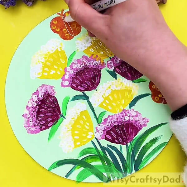 Scrape Some Details On The Butterflies - Simple And Easy Yellow And Purple Flowers Bunch Painting For Beginners 