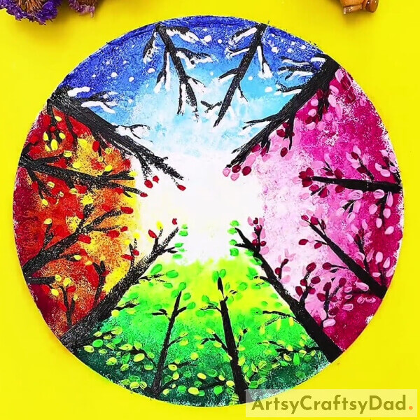 This Is The Final Look Of Your All 4 Seasons Trees Painting!- A tutorial on how to craft a painting of trees for the four seasons
