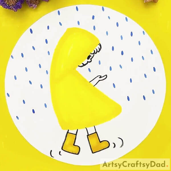 This Is The Final Look Of Your Boy In Rain Drawing!- A step-by-step guide to help kids draw a kid in a raincoat in the rain.