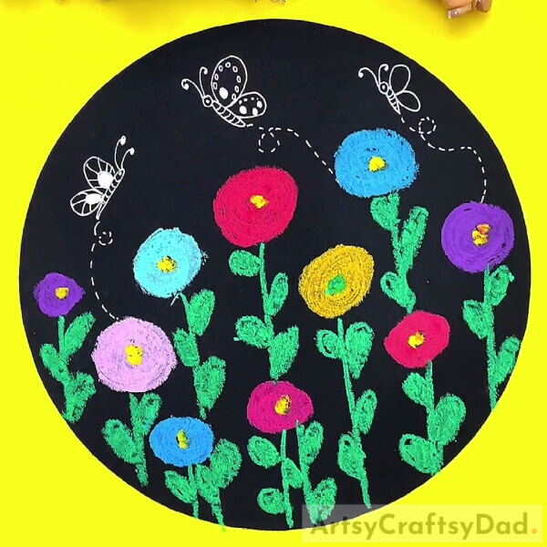 This Is The Final Look Of Your Crayon Flowers!- A Creation of a Flower Garden with Crayons on a Black Base