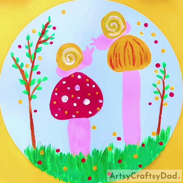 This Is The Final Look Of Your Mushroom Garden Painting!- A step-by-step tutorial to show kids how to make a Mushroom Garden scene with stamps.