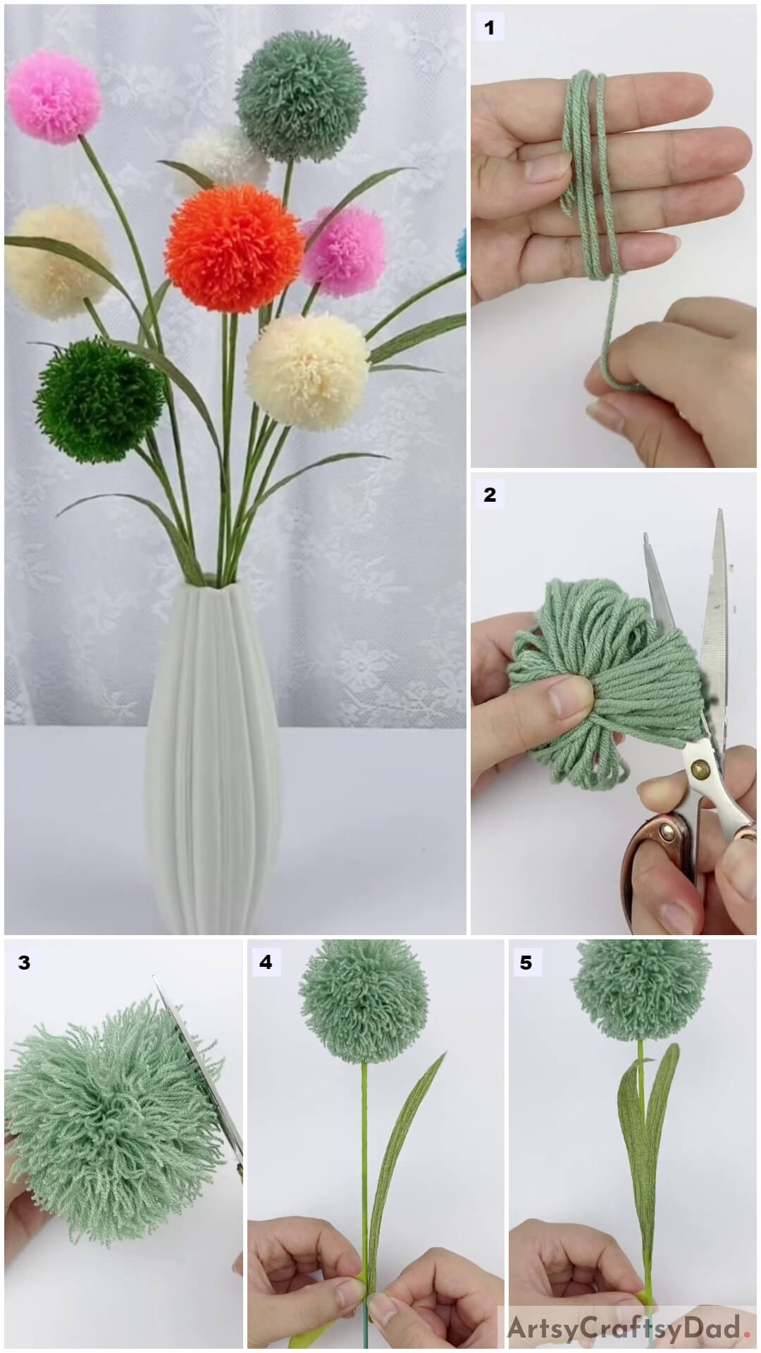 Wool Thread Pom-Pom Flowers Craft Tutorial