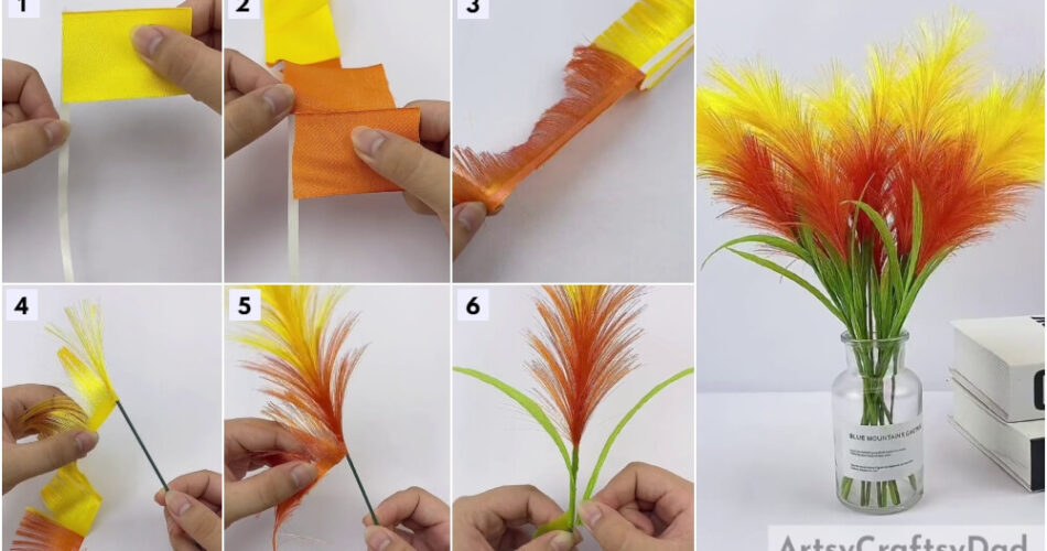 Yellow Orange Pampas Grass Decor: Ribbon Craft Tutorial