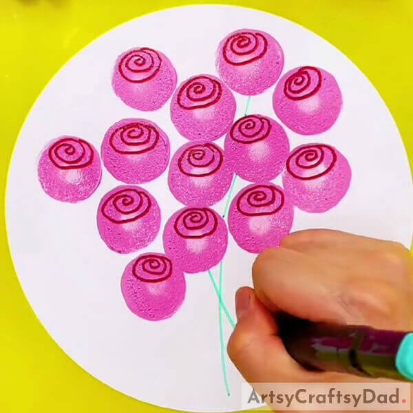 Give each Rose a healthy green stem - Visual Guide to Drawing & Painting a Circular Stamped Rose Bouquet